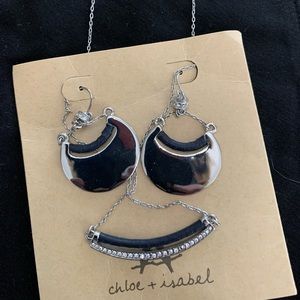 Hero earring and necklace set. Silver, crystal, navy blue leather